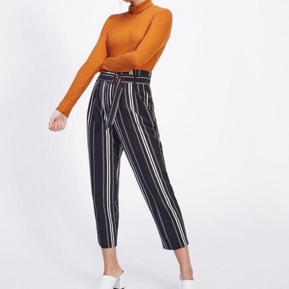Miss Selfridge Black Mono Striped Paperbag Trouser - Picture 1 of 8